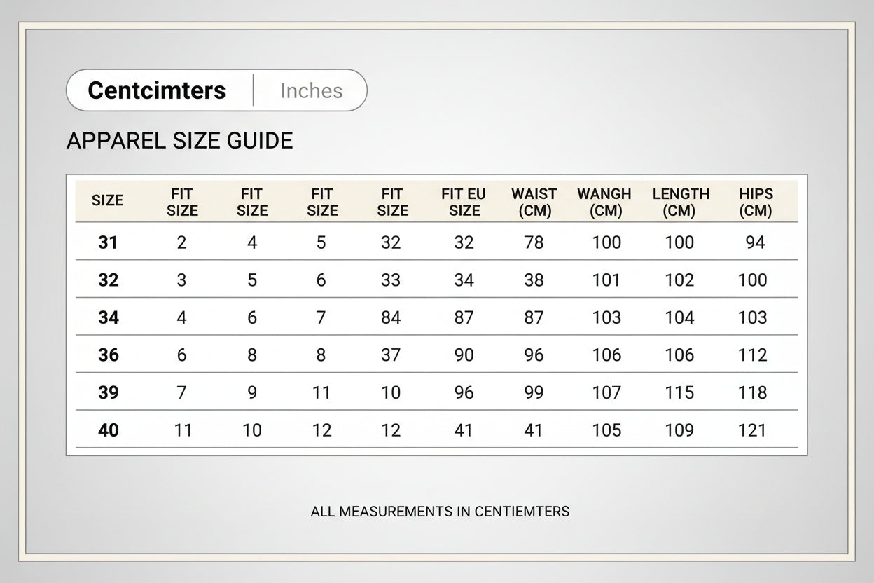 Size chart for clothing with Fit US, Fit UK, Fit EU, Waist, Length, and Hips measurements.