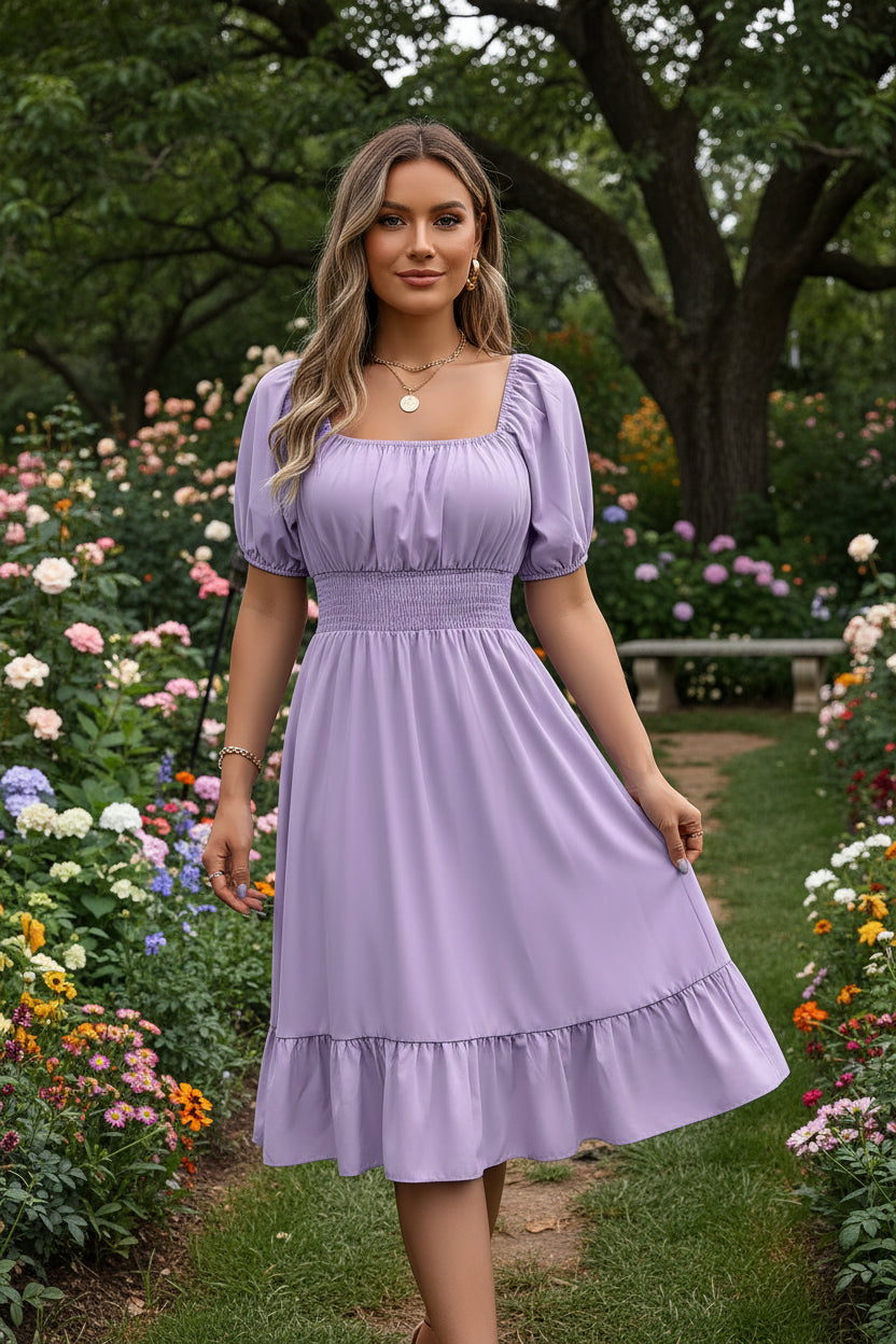 Woman wearing a purple dress in a room with a plant and bed in the background