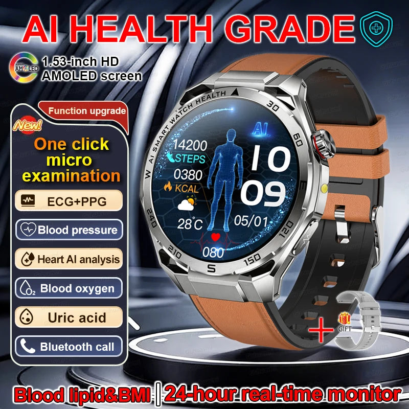 Smartwatch with a brown leather strap and detailed display, featuring health monitoring functions.