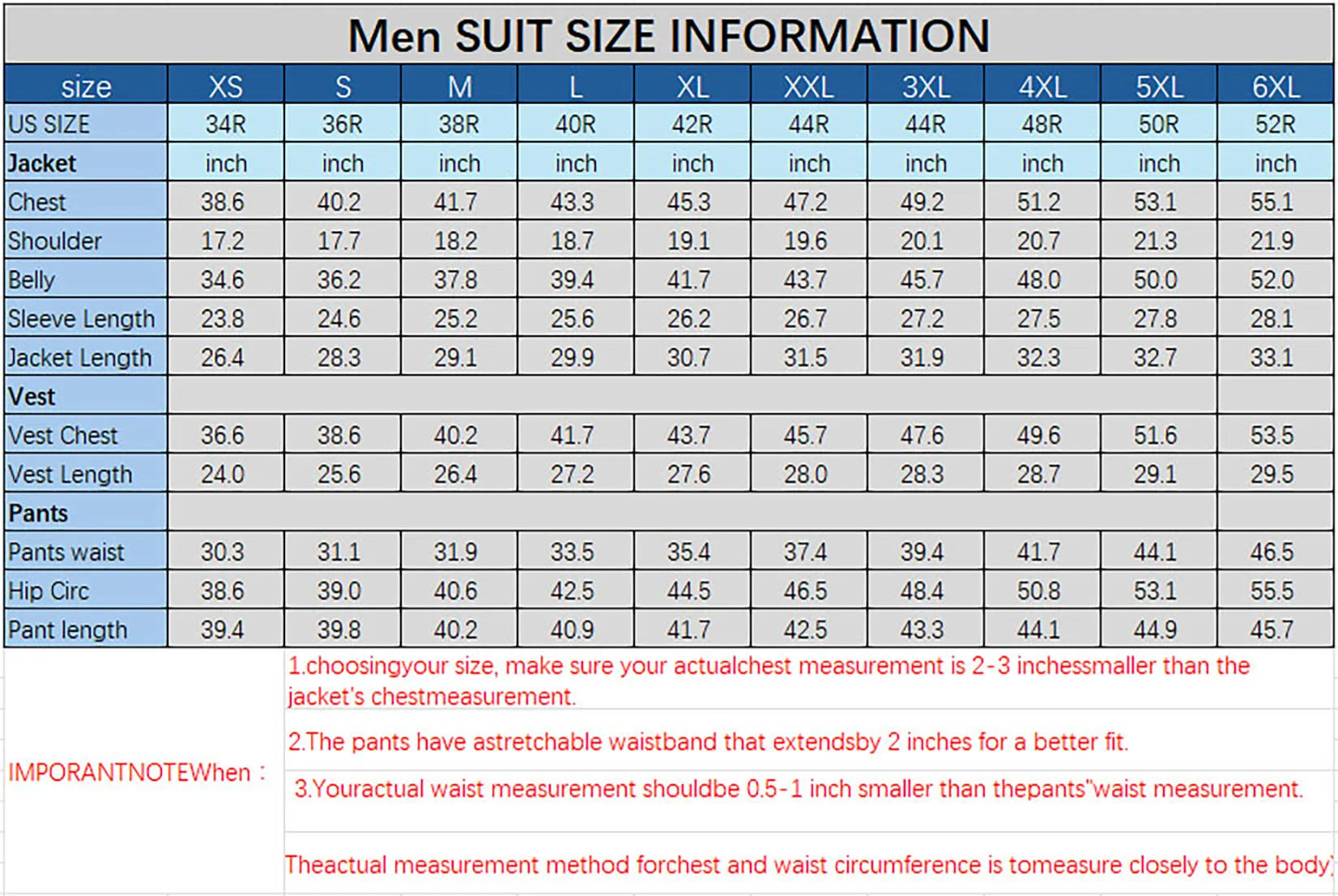 Men's suit size information chart with measurements in inches and US sizes.