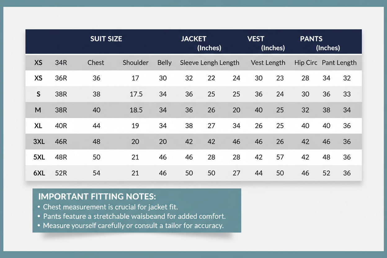 Men's suit size information chart with measurements in inches and US sizes.