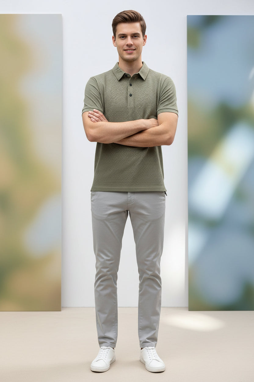 Beige textured polo shirt on a hanger with a hand holding it