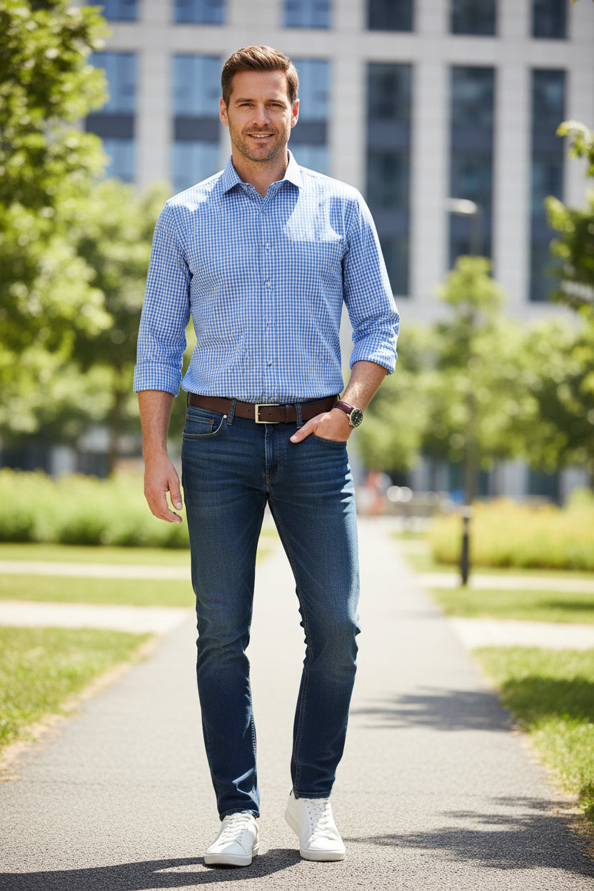 Folded blue checkered shirt with a visible brand label on a white background
