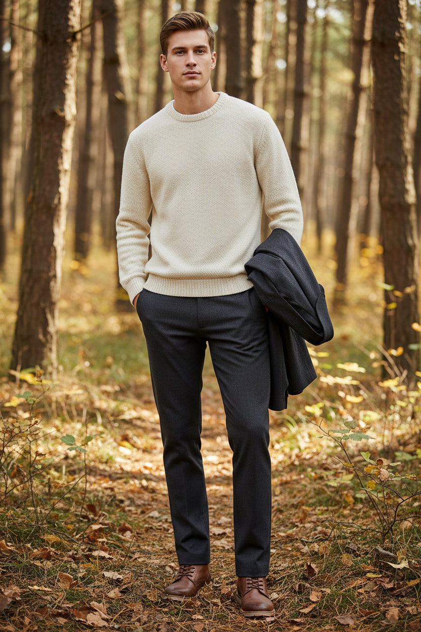 Dark grey autumn pants stacked on a white background with 'Thick' label and leaf icon.