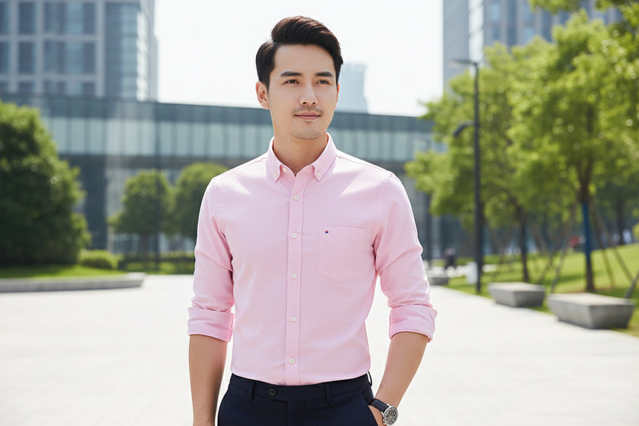 Pink dress shirt with brand label on a light gray background
