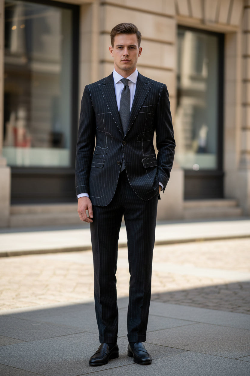 Black suit jacket with a tie on a mannequin against a blurred indoor background