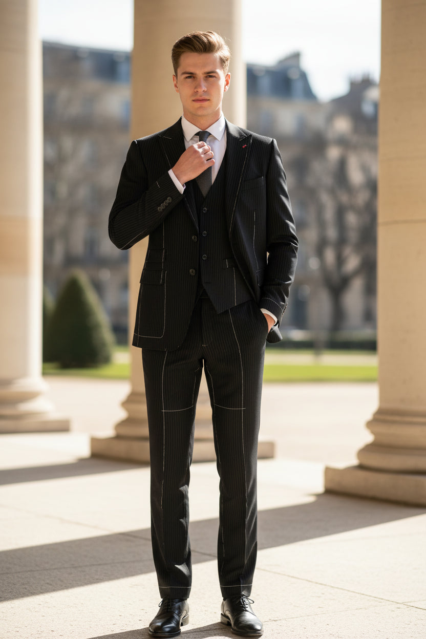 Black suit jacket with a tie on a mannequin against a blurred indoor background
