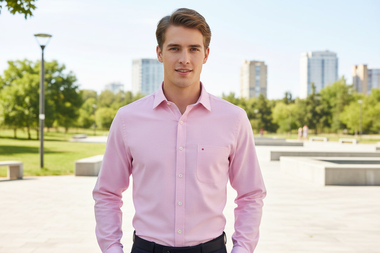 Folded pink shirt with brand label on a light gray background