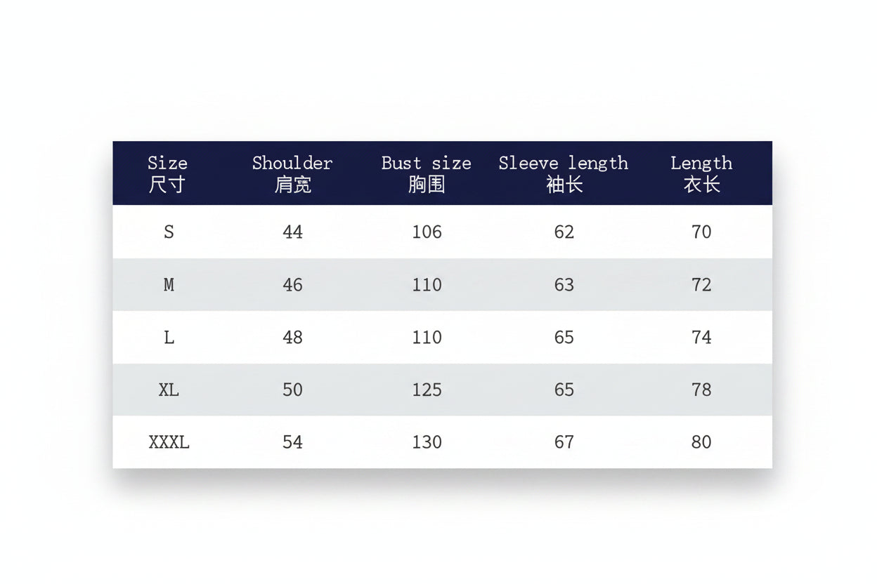 Size chart for clothing with measurements in centimeters on a blue background