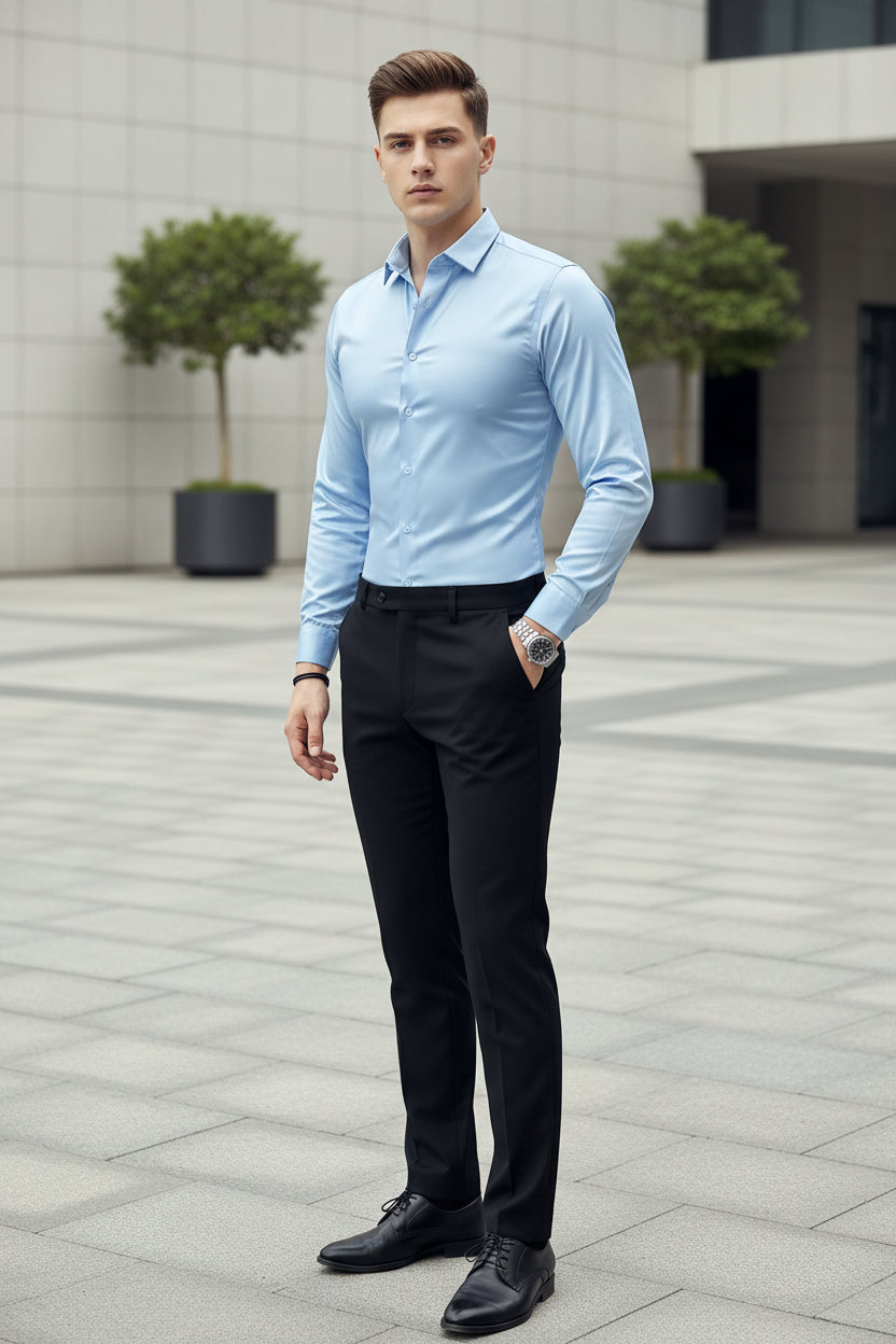 Light blue dress shirt worn by a person in an indoor setting
