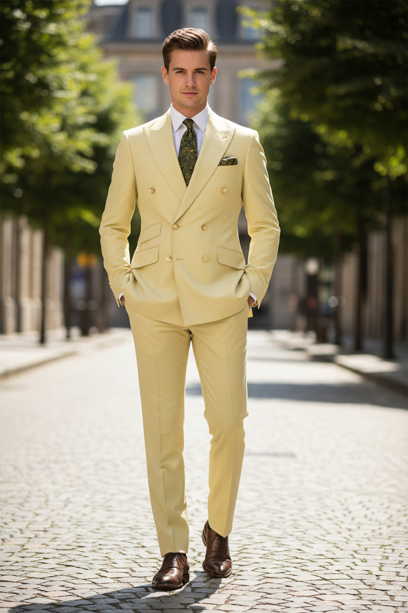 Light yellow suit with a tie and pocket square on a mannequin against a white background