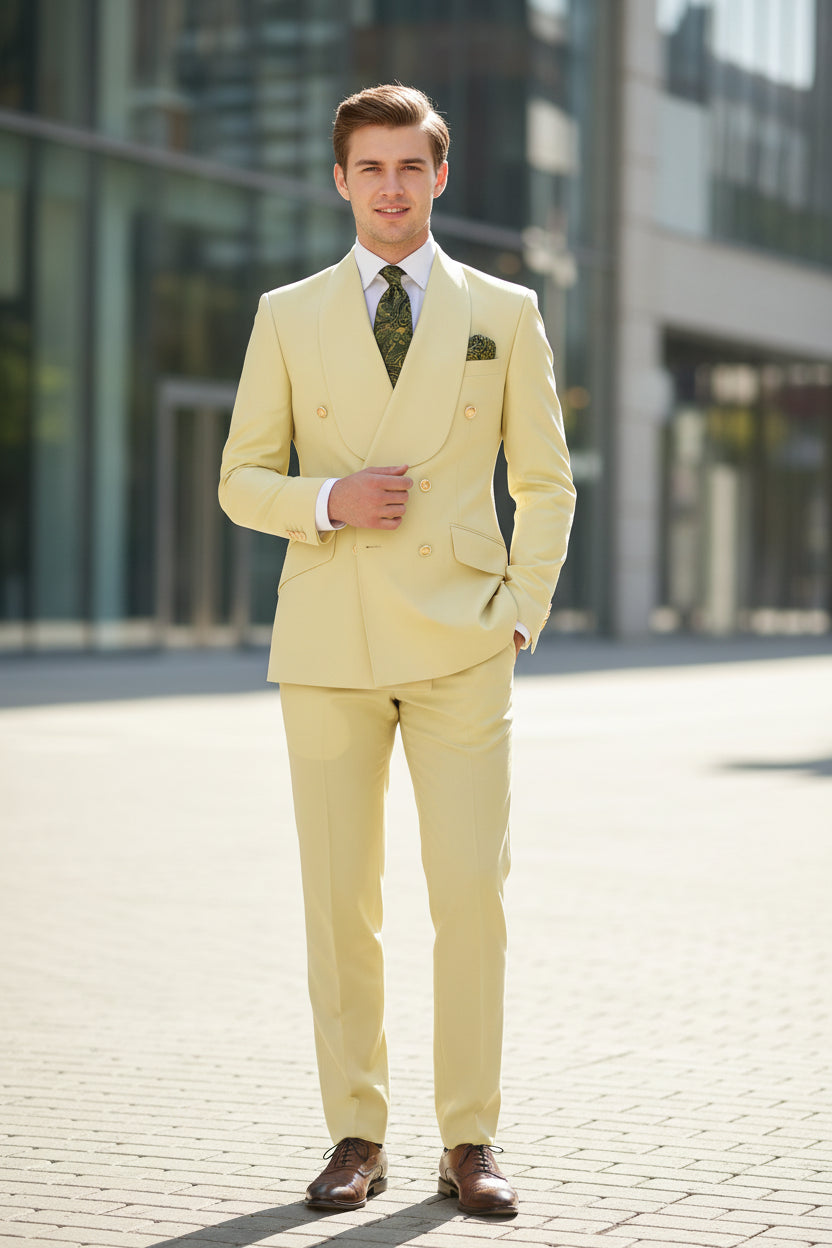Light yellow suit with a tie and pocket square on a mannequin against a white background