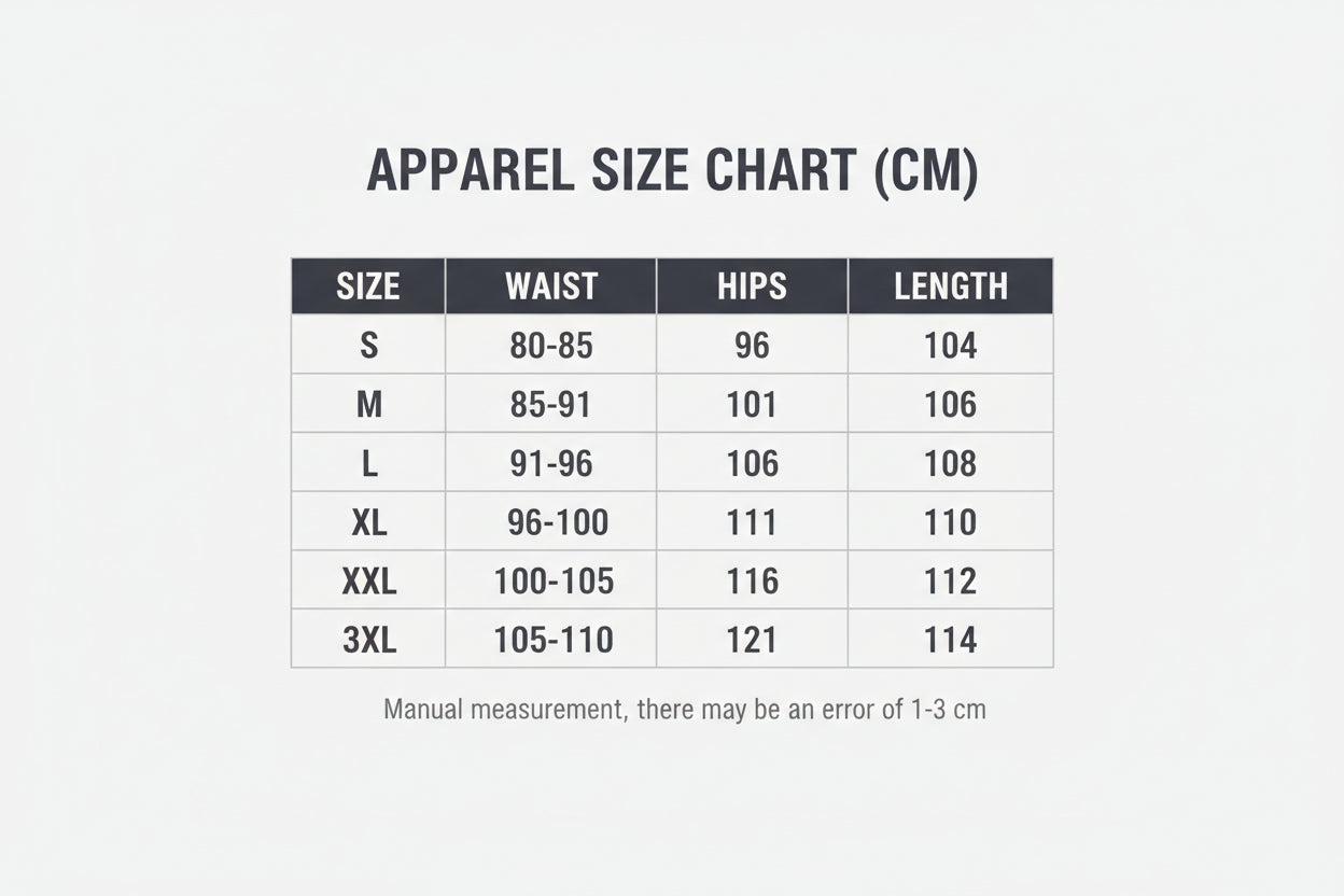 Size chart for waist, hips, and length measurements in centimeters.