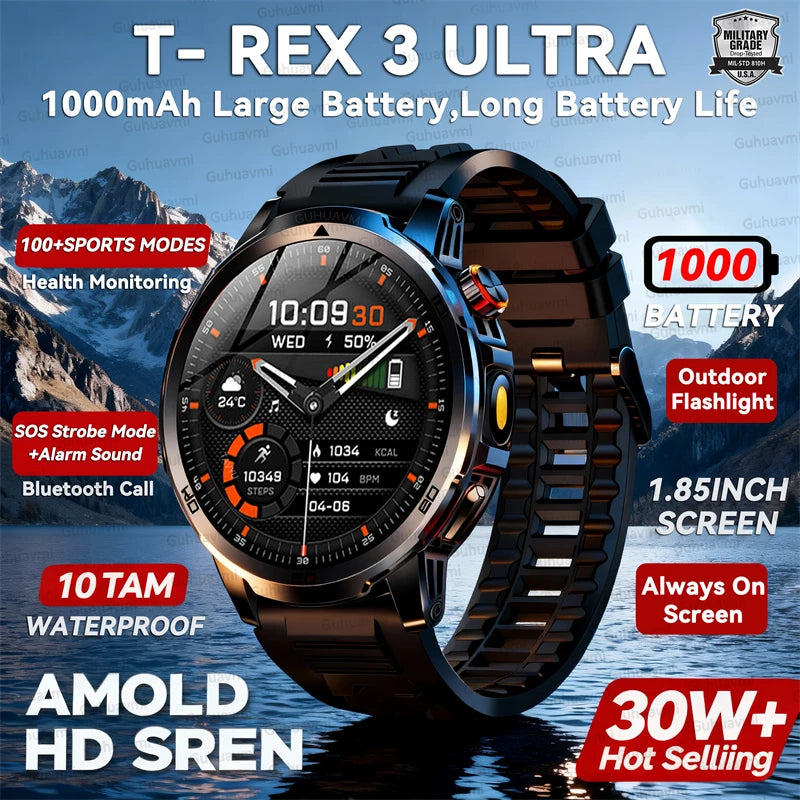 Smartwatch with mountainous background and feature text overlay