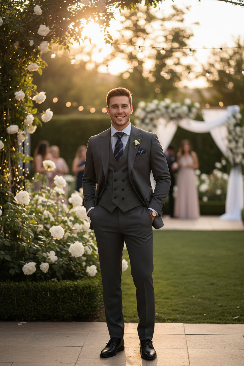 Gray suit with blue tie and pocket square on a white background