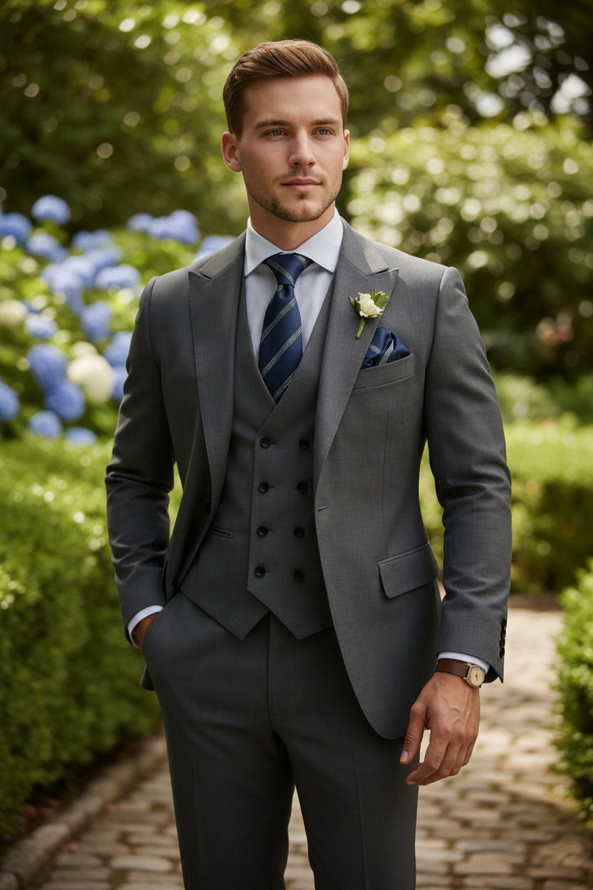 Gray suit with blue tie and pocket square on a white background