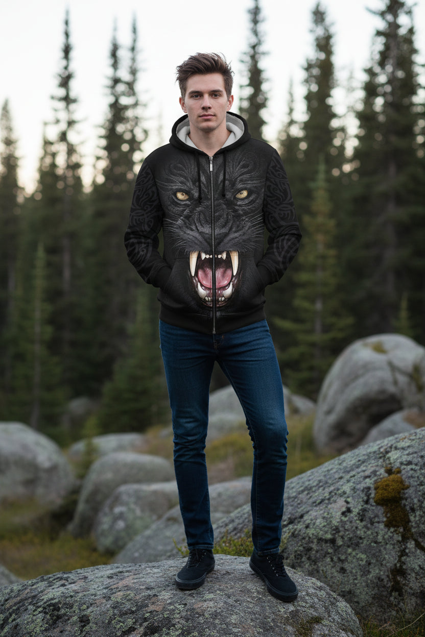 Black hoodie with a panther face design on a white background