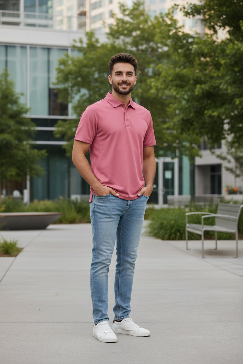 Pink polo shirt on a white background