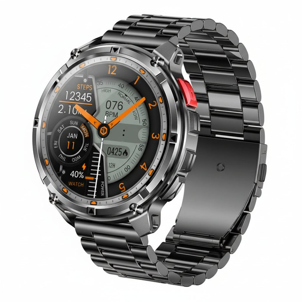 Smartwatch with features listed on a gray background