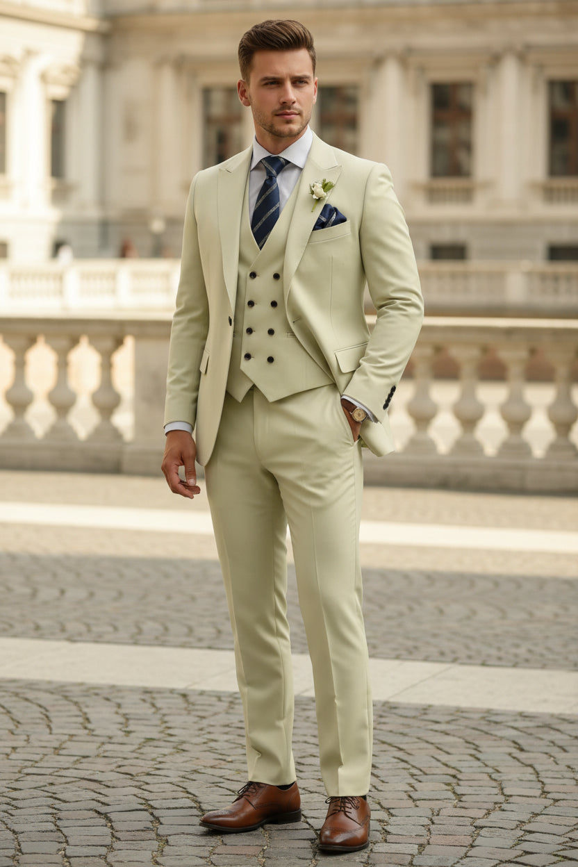 Light beige suit with a striped tie and pocket square on a white background