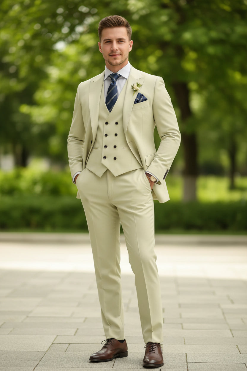 Light beige suit with a striped tie and pocket square on a white background