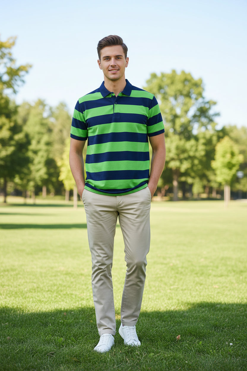 Green and blue striped polo shirt on a gray background