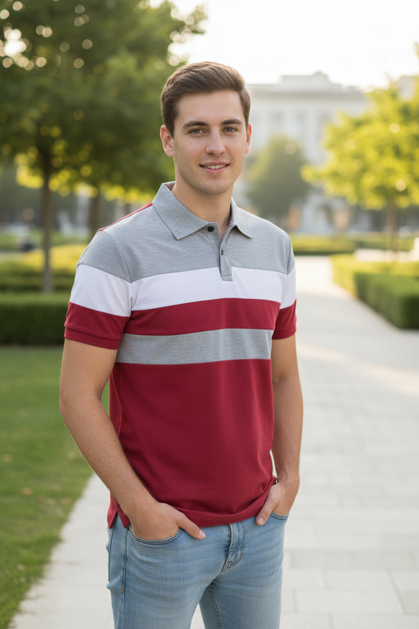 Striped polo shirt with red, white, and gray colors on a white background
