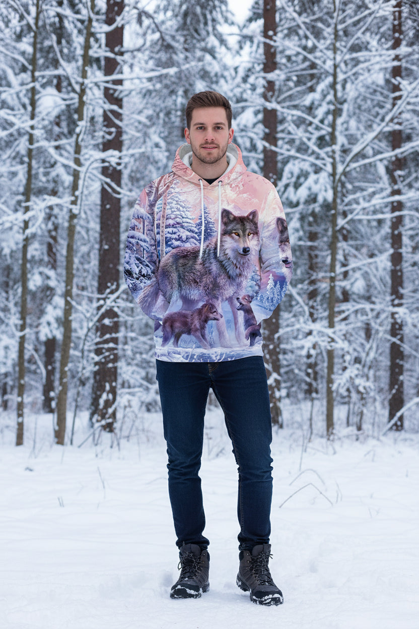 Hoodie with a wolf and wolf cubs design in a snowy landscape