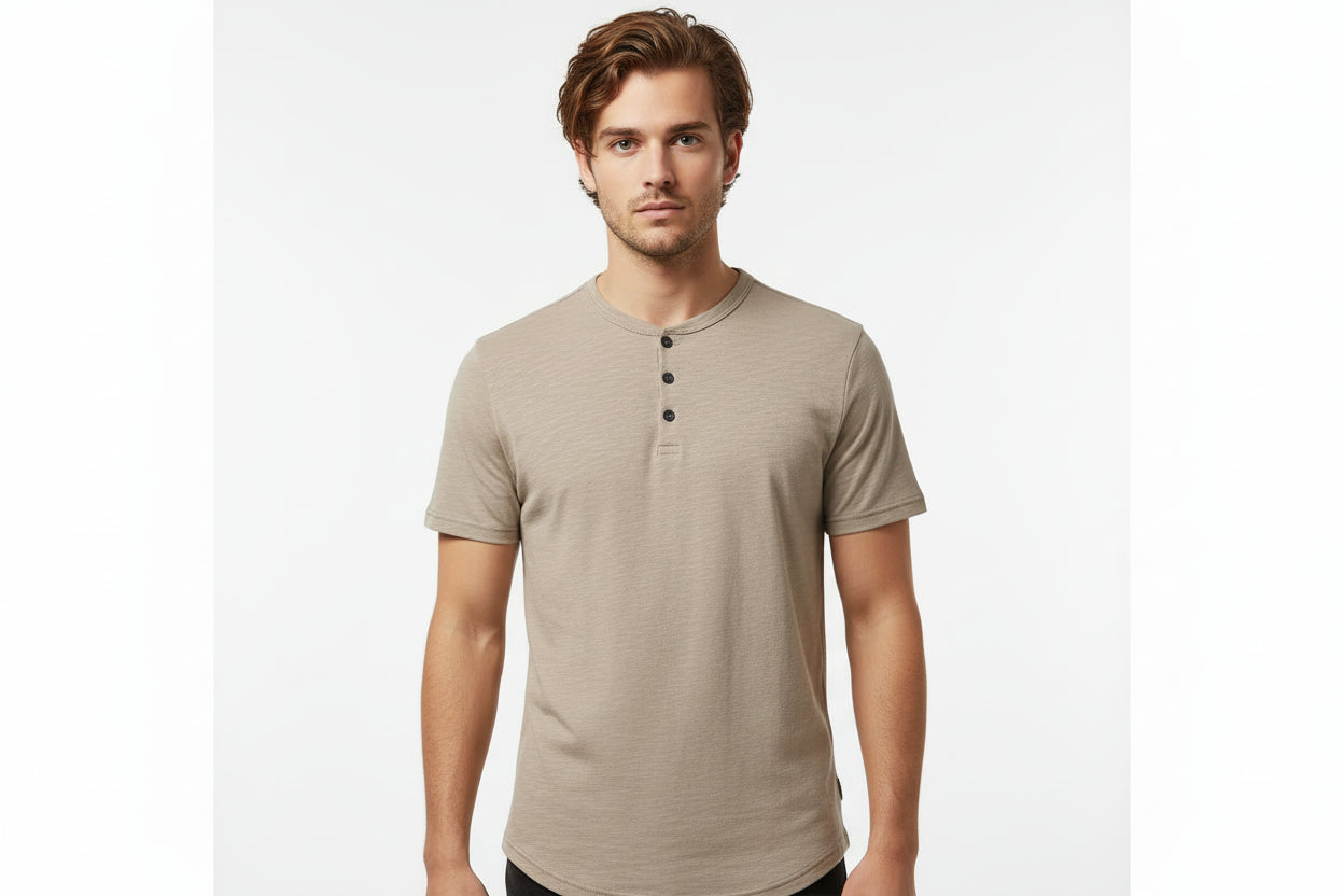 Elevate Your Summer Wardrobe with Our Henley Collar Casual T-Shirt