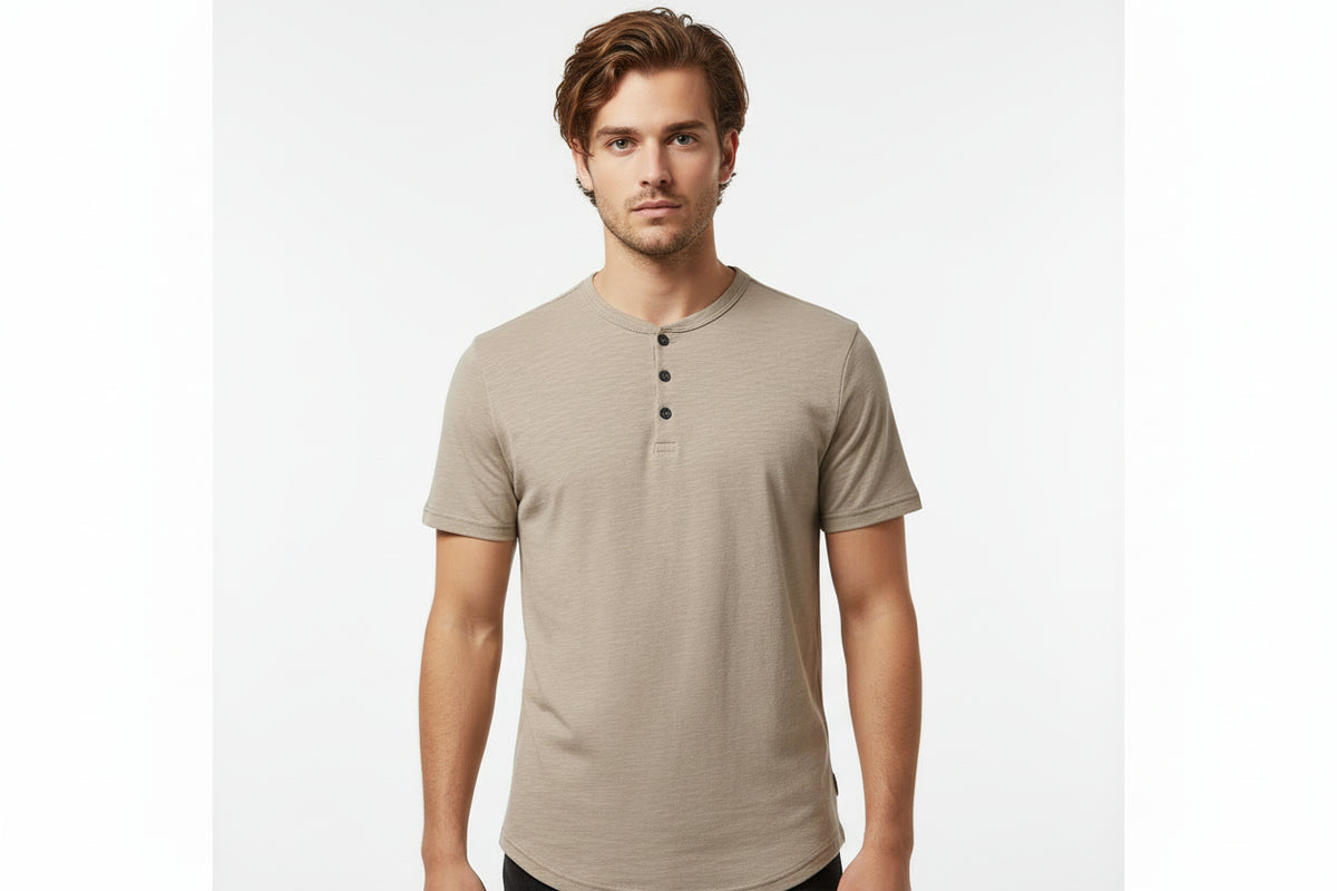 Beige short-sleeve henley shirt on a white background