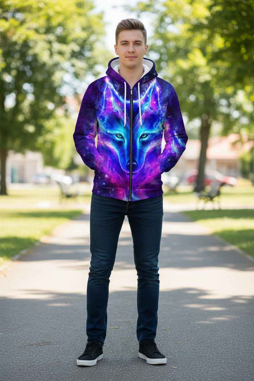 Hoodie with a wolf design in purple and blue colors on a white background