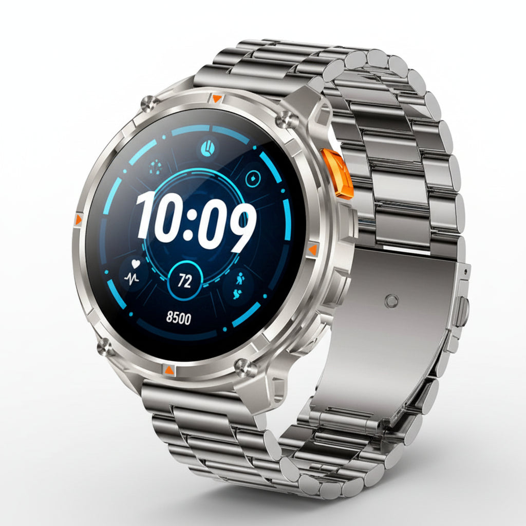 Smartwatch with metal band on a dark background, highlighting features like 1100mAh battery and IP68 waterproof rating.