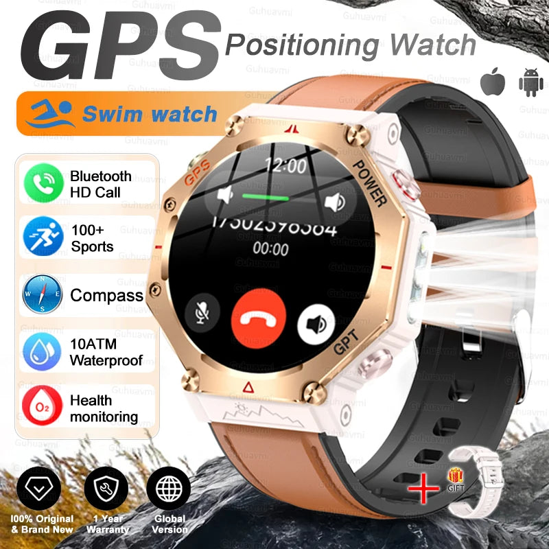 GPS positioning watch with features listed on a white background