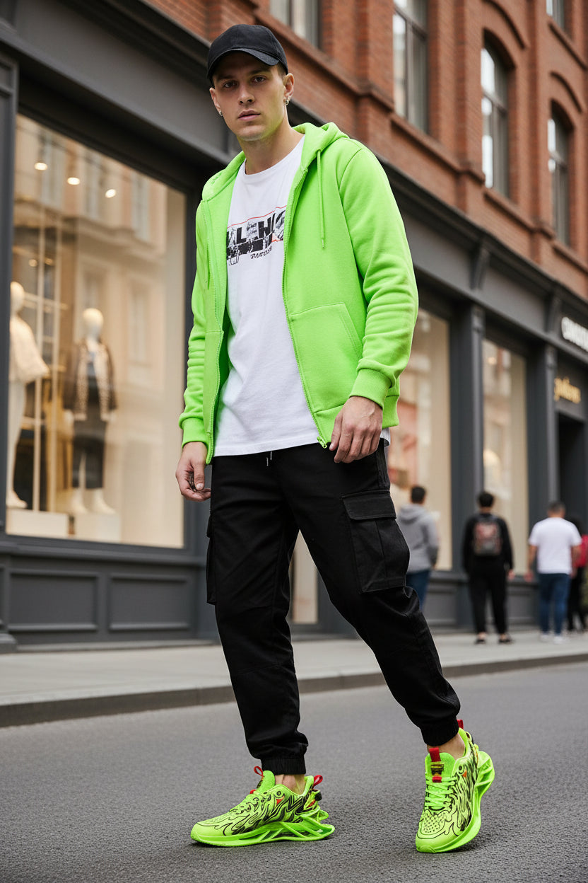 Bright green sneaker with black flame design on a white surface with a green background