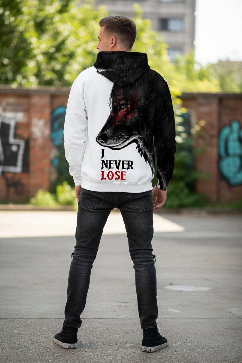 Hoodie with a wolf design and 'I Never Lose' text on a white background