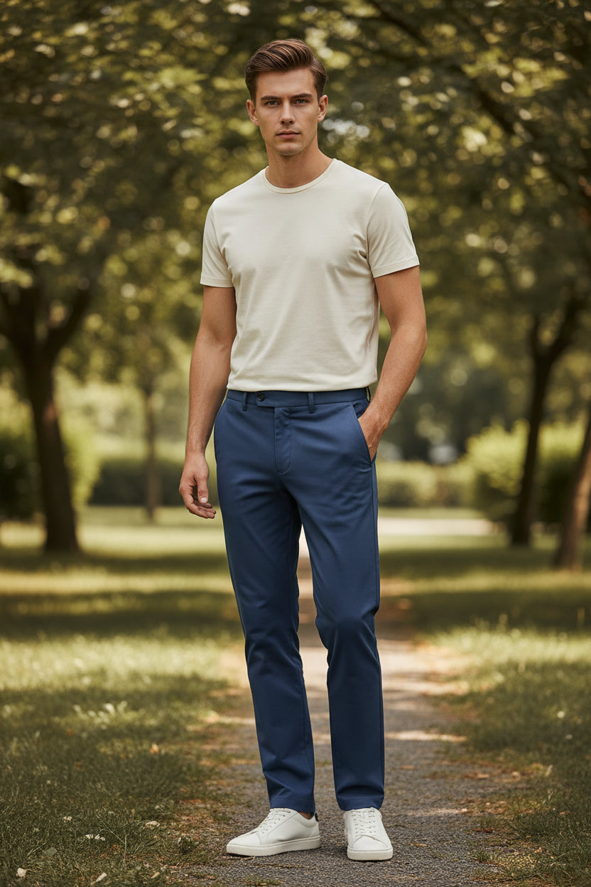 Folded blue pants with a brand logo on a gray background