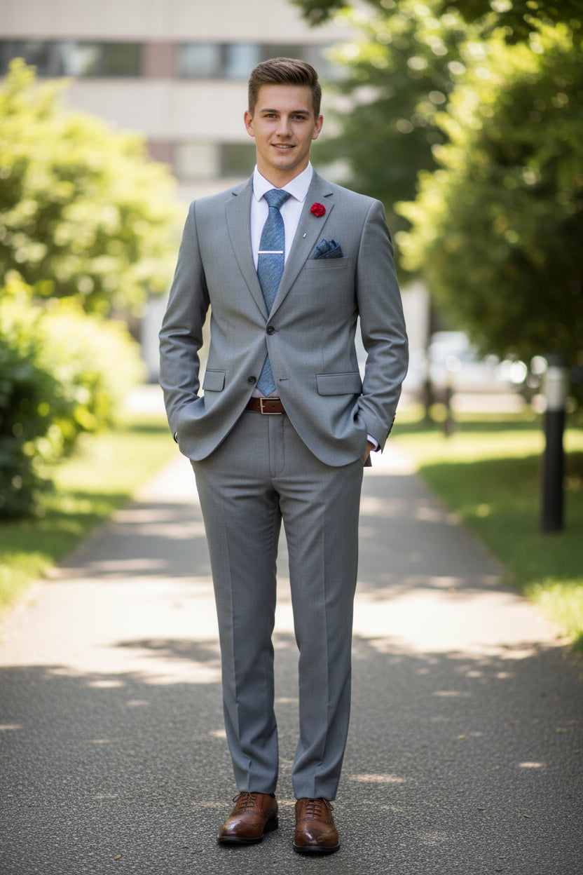 Gray suit with matching tie and shoes on a mannequin against a white background