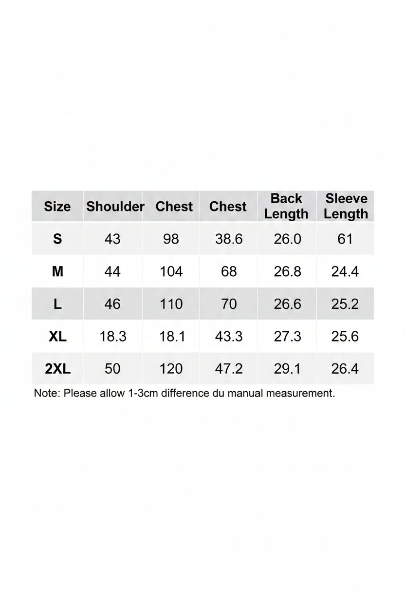 Size chart for clothing measurements in centimeters and inches