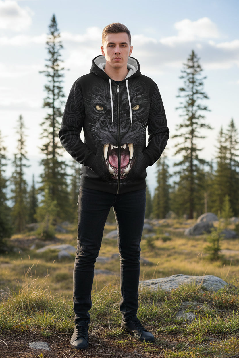Black hoodie with a panther face design on a white background