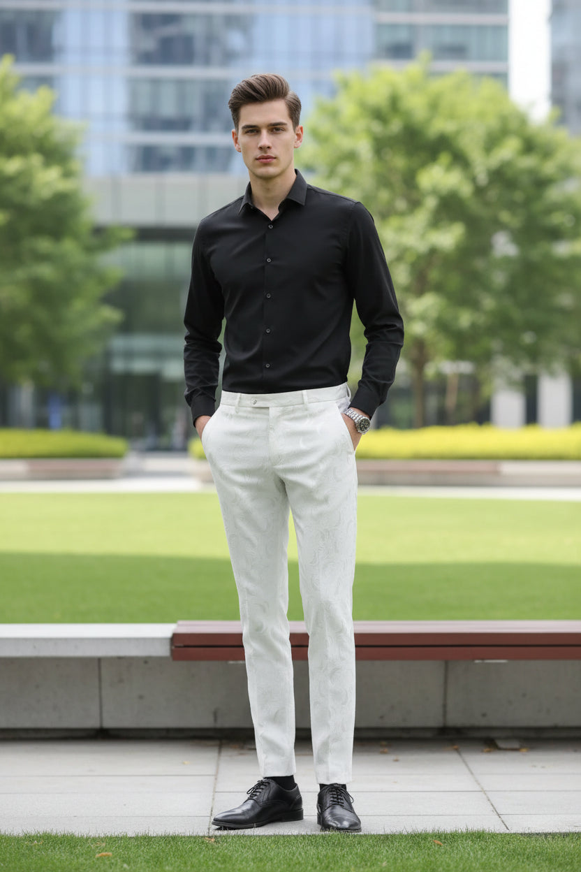 Person wearing white pants in a modern interior setting