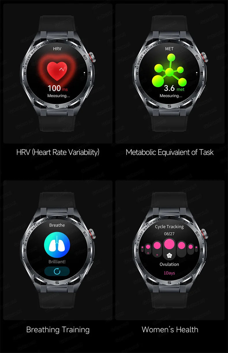Smartwatch displaying various health and fitness metrics on a dark background