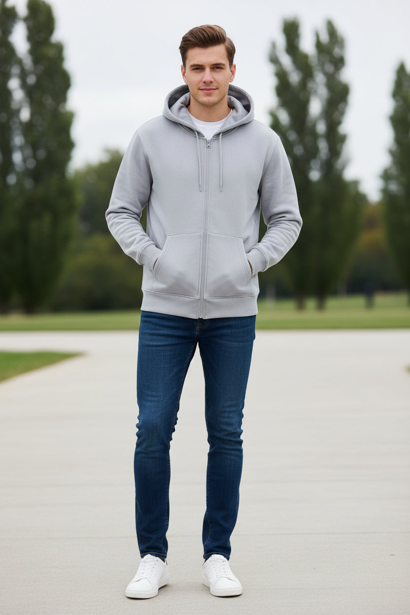 Light gray hoodie with a zipper on a white background