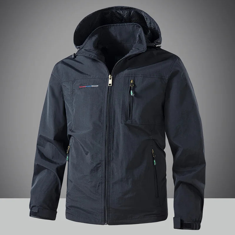 Mens Waterproof Jacket Outdood Hiking Cycling Hooded Windbreaker Multi-Pocket Camping Sportswear Windproof Workwear Coat for Men