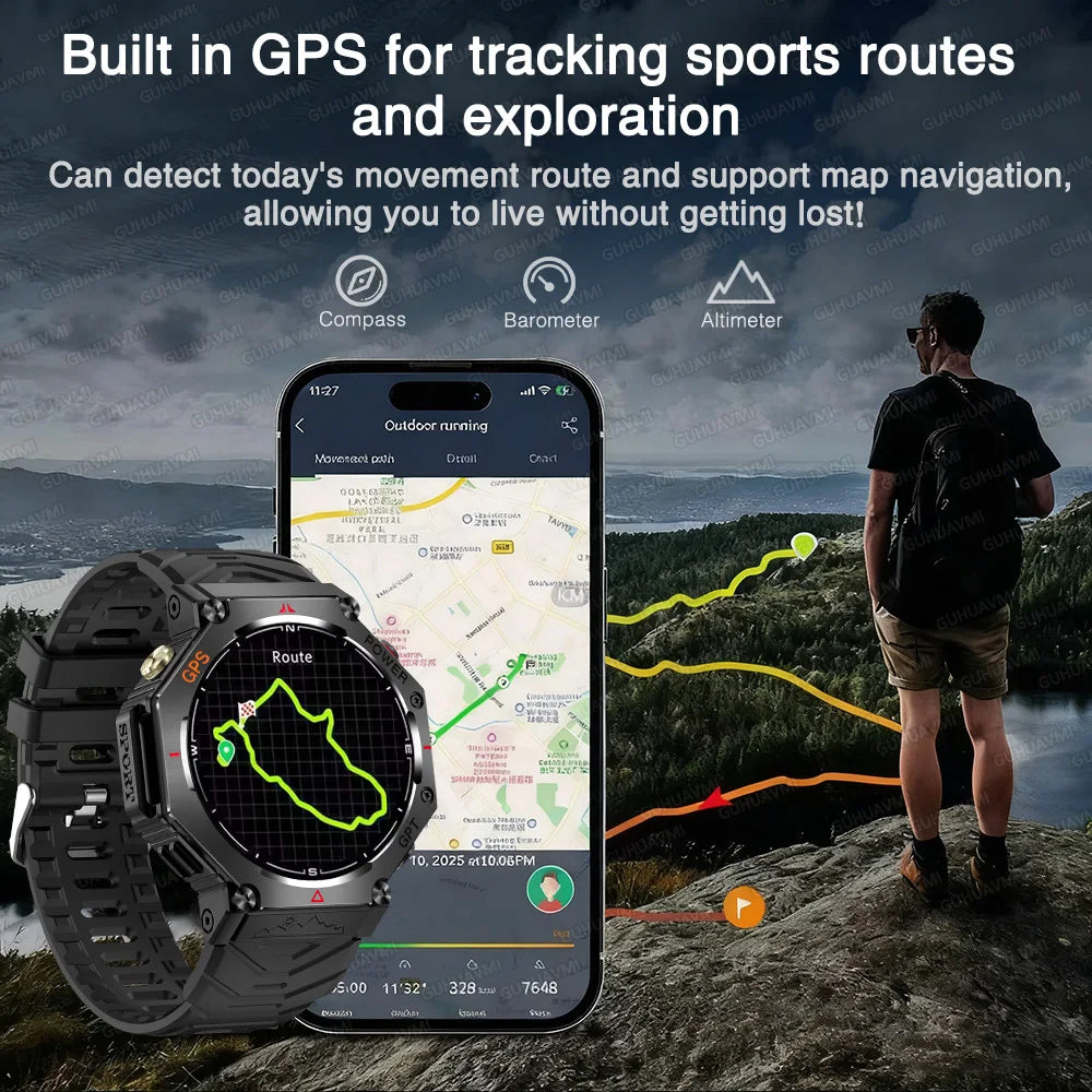 Smartwatch and phone displaying GPS tracking app with person looking at scenic view.