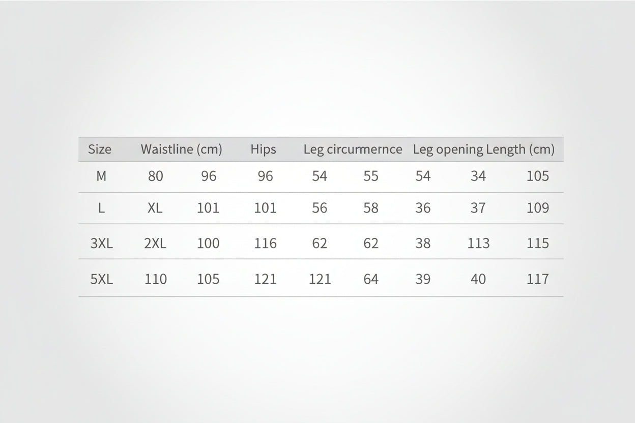 Size chart for pants with measurements in centimeters