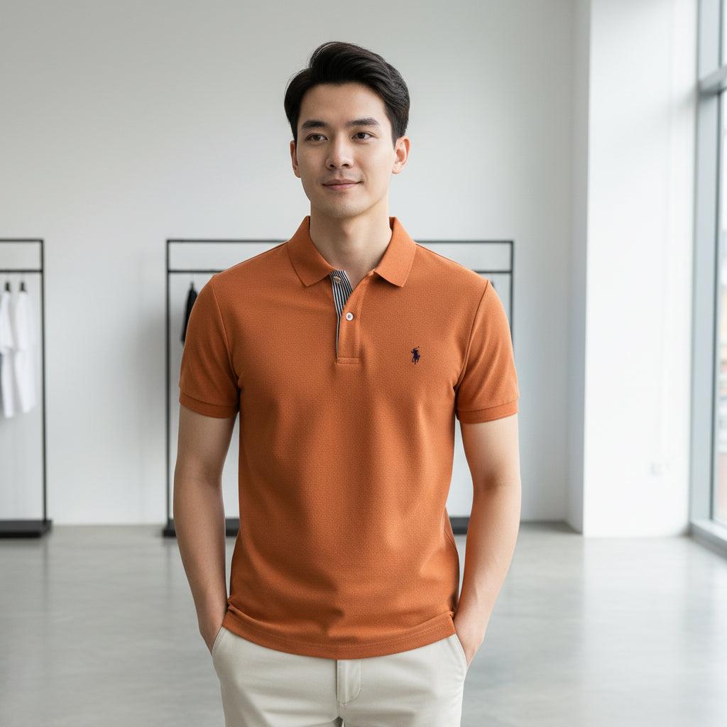 Orange polo shirt with a brand logo held by a hand, on a rack in the background.