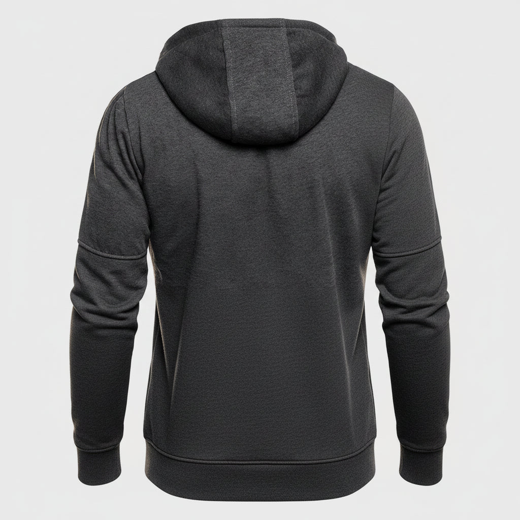 Dark gray hoodie with a hood on a white background