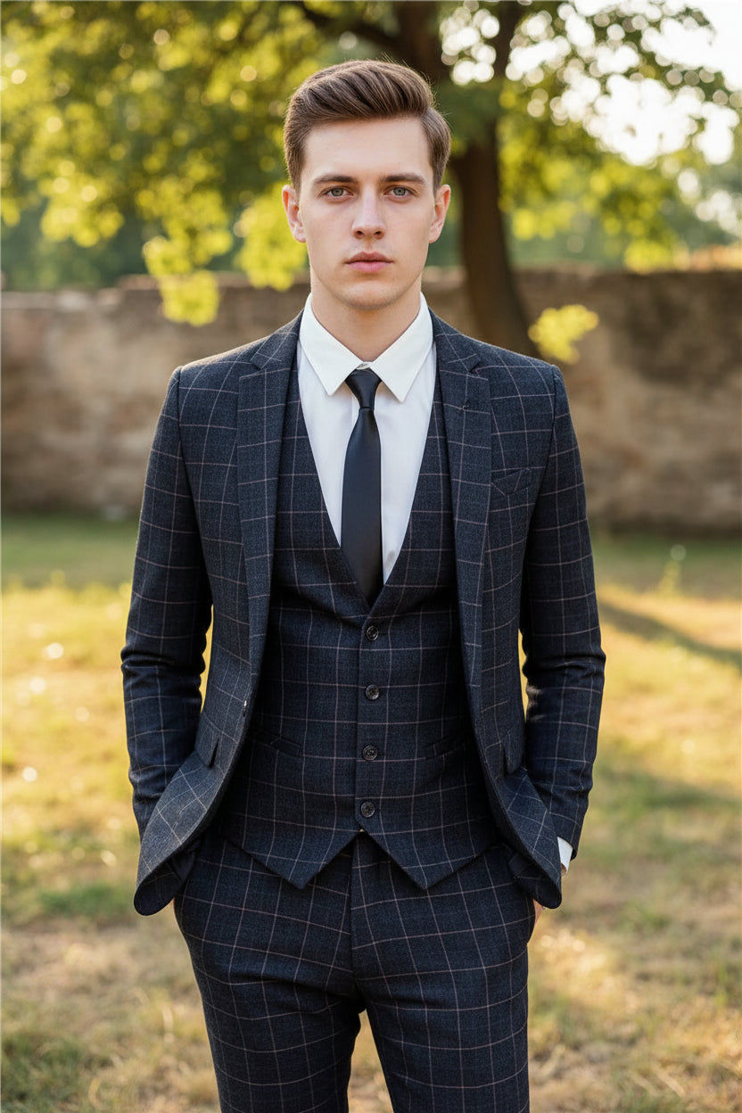 Person wearing a gray checkered suit in a cafe setting