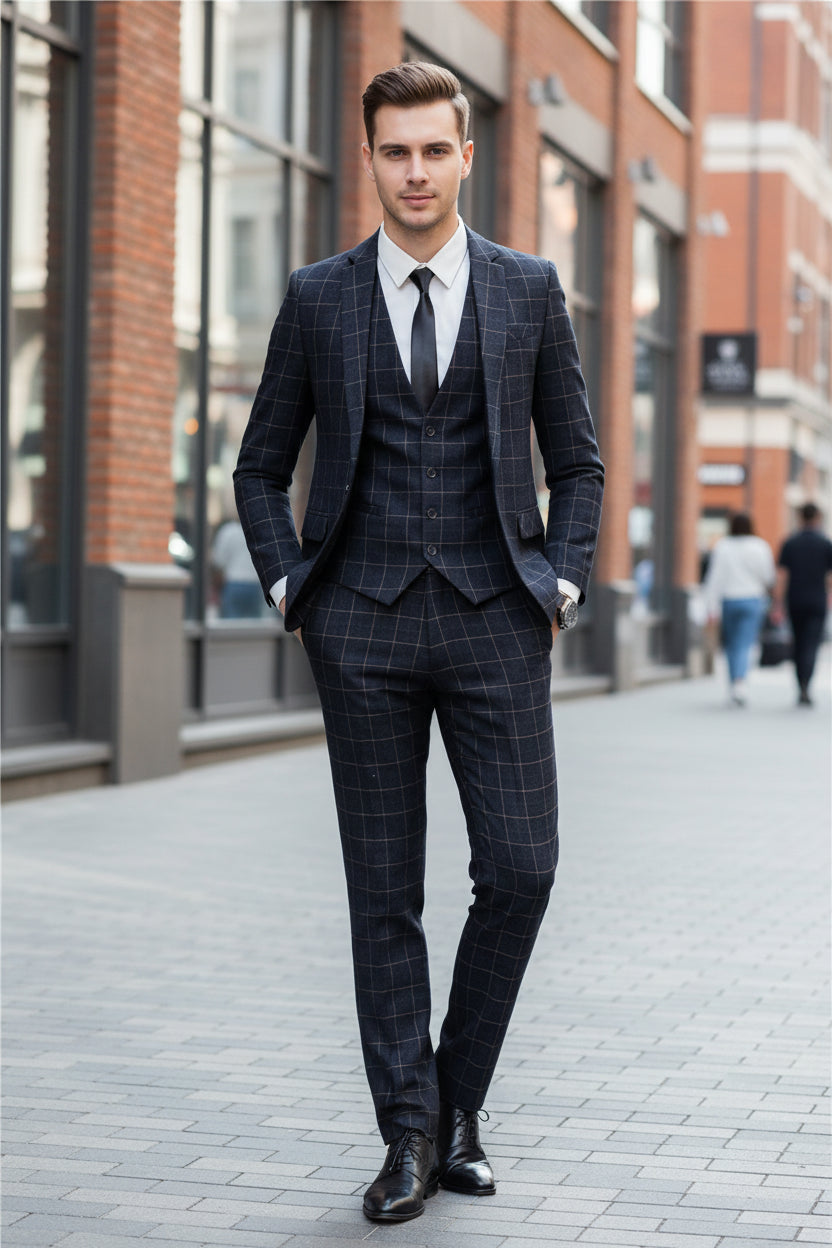 Person wearing a gray checkered suit in a cafe setting