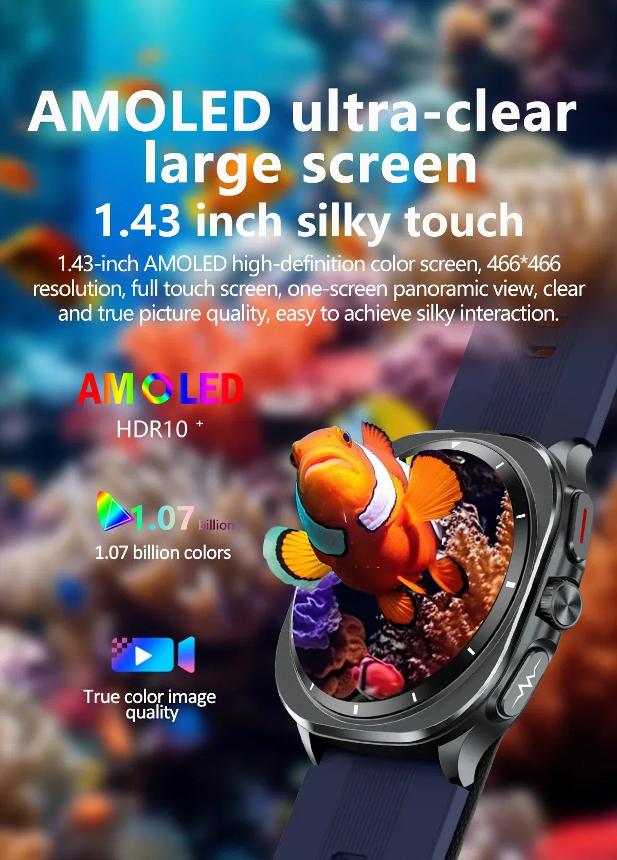 Smartwatch with AMOLED display showing a colorful underwater scene, surrounded by text highlighting screen features.